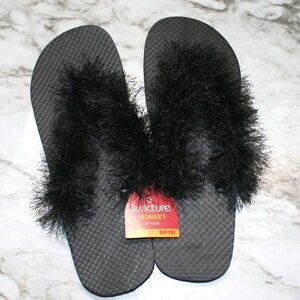 HAND CRAFTED Flip Flop Padded Thong Crochet Faux Fur Eyelash Yarn Black Shoes
